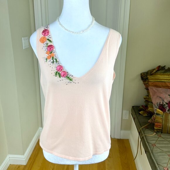 Max Studio Tops - Max Studio Sweater Tank Top Cotton Embroidered Sequins Applique’ Pink Multi (L)